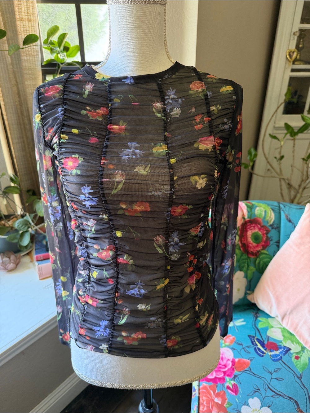TopShop Sheer Black Floral Ruched Long Sleeve Top NWOT